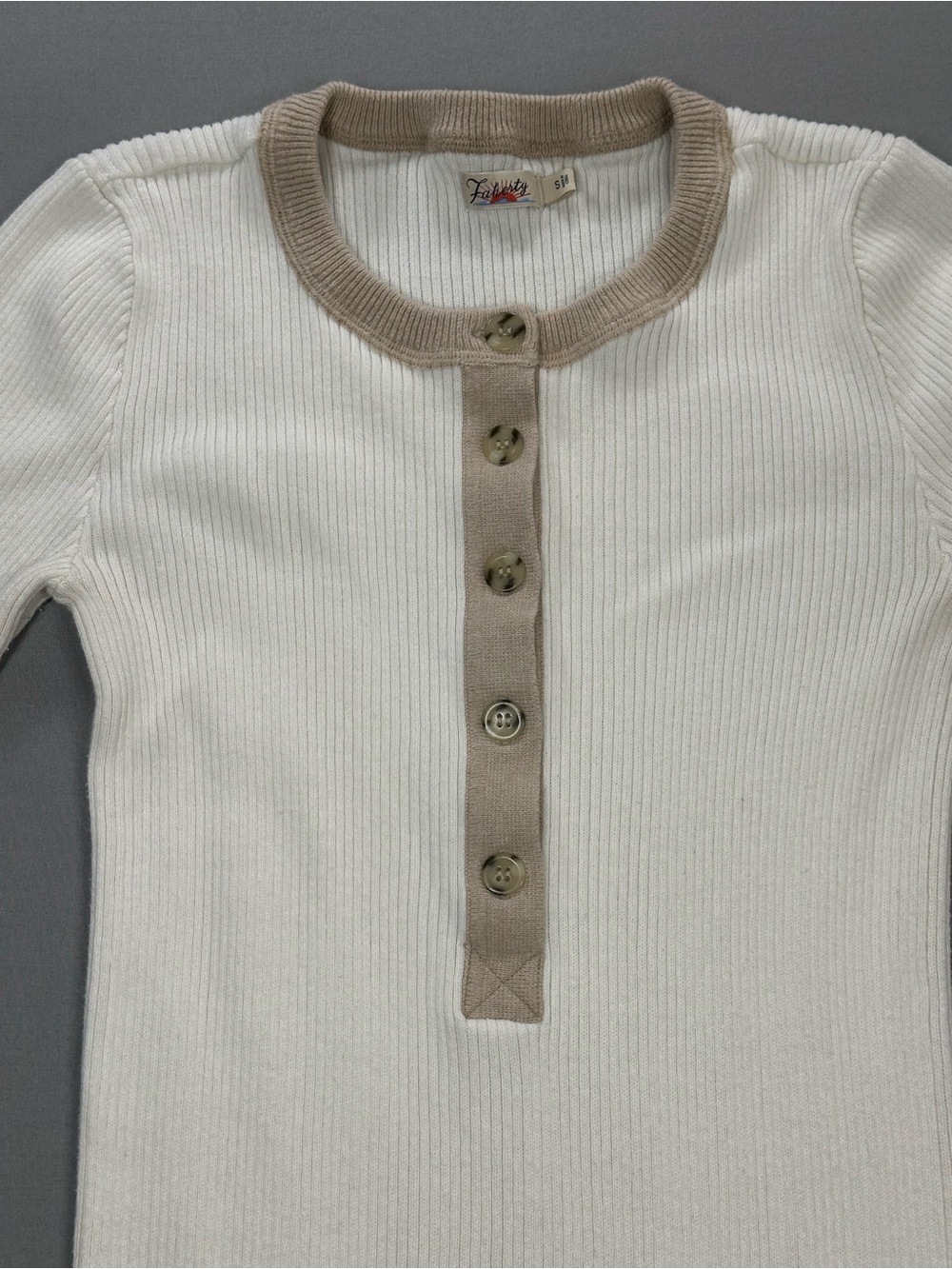 Faherty Mikki Henley Ribbed Sweater w/ Neutral Colorblocking - Fits XS (Label S) - Picture 6 of 15